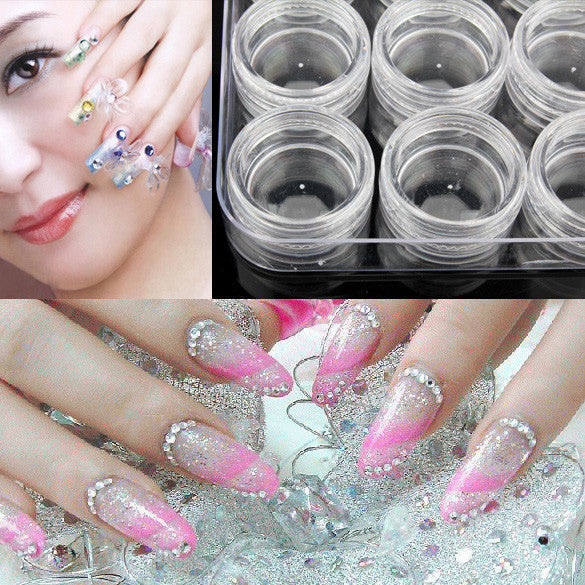 12 Nail Art Powder Paillette Rhinestone Empty Storage Pot Box case Plastic