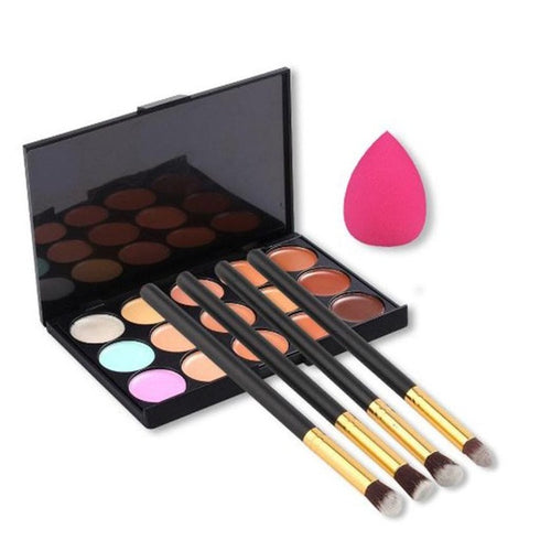15.2 * 10 * 1cm/6 * 3.9 * 0.4in new style 15 Colors Contour Concealer Palette + 4pcs Powder Brushes +Sponge Anne