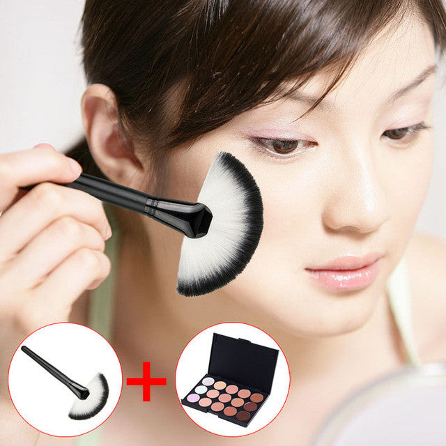 15 Colors Concealer Pressed Powder Make-up Foundation Grooming Cream + Makeup Soft Fan Brush Tool