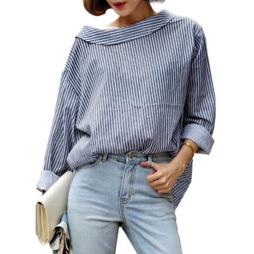 1PC Fall 2016 Fashion Women Blouses Blue Striped Long Sleeved Shirts Women Tops Autumn Spring Ladies Blouses