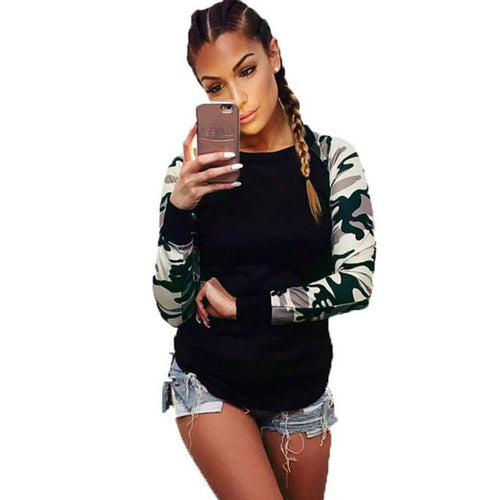 2 Colors T Shirt Women Camouflage Patchwork T-shirt Long Sleeve Round Neck Fashion Causal Tops For Women Girls poleras de mujer