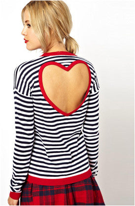 2014 New Spring summer Zebra Strip Long Sleeve T shirt with Open Back Hollow Torn Red Heart brand Women loose t-shirt 9439