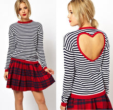 2014 New Spring summer Zebra Strip Long Sleeve T shirt with Open Back Hollow Torn Red Heart brand Women loose t-shirt 9439