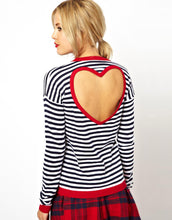 2014 New Spring summer Zebra Strip Long Sleeve T shirt with Open Back Hollow Torn Red Heart brand Women loose t-shirt 9439