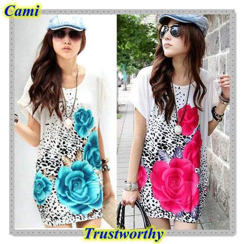 2014Popular Women Short Sleeves Loose Rose Print Dress T Shirt Blouse Fashion Summer Alice8