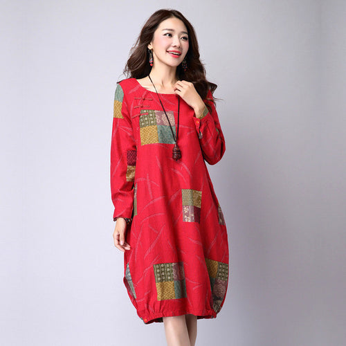 2015 Autuman Plus Size Dresses Hot Style Female Casual Loose Vintage Sweet Print Vestido Linen Long Sleeve Knee-Length 32021