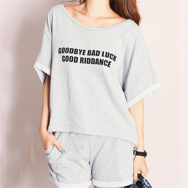 2015 Hot Sale Plus Size M-XXL Women Letters Printed Loose Short-sleeved T-shirt Shirt Bat Shorts Casual Suit 31023