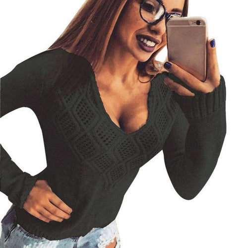 2015 Knitting Sweater Women Solide V Neck Hollow Out Sweaters and Pullovers Women Fashion Long sleeve Knitted Women Clothes #WY
