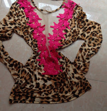 2015 Sexy Casual Leopard Print Ladies Chiffon Shirt Club party lace blouse mesh Transparent Blouses deep v neck pink collar
