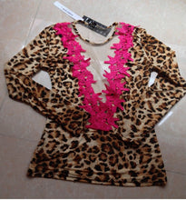 2015 Sexy Casual Leopard Print Ladies Chiffon Shirt Club party lace blouse mesh Transparent Blouses deep v neck pink collar