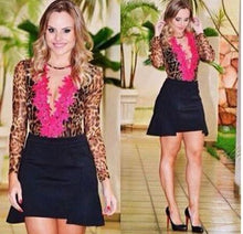 2015 Sexy Casual Leopard Print Ladies Chiffon Shirt Club party lace blouse mesh Transparent Blouses deep v neck pink collar