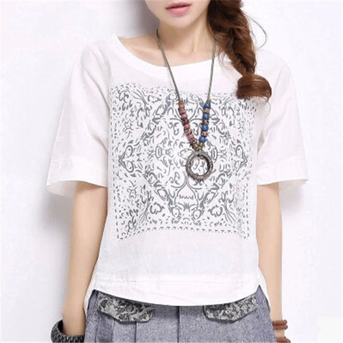 2015 Summer Fashion T Shirt New Printing Loose Plus Size S-2XL Short Sleeve Linen Cotton T-shirt Women Casual Top 31070