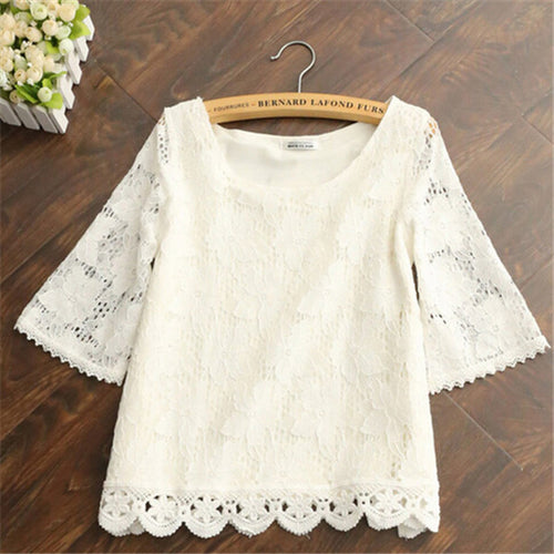 2015 Summer Female Sweet Lace Blouse Half Sleeve White Shorts Loose O-neck Chiffon Shirt Women Casual Flare Sleeve Tops 31124