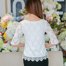 2015 Summer Female Sweet Lace Blouse Half Sleeve White Shorts Loose O-neck Chiffon Shirt Women Casual Flare Sleeve Tops 31124