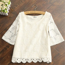 2015 Summer Female Sweet Lace Blouse Half Sleeve White Shorts Loose O-neck Chiffon Shirt Women Casual Flare Sleeve Tops 31124