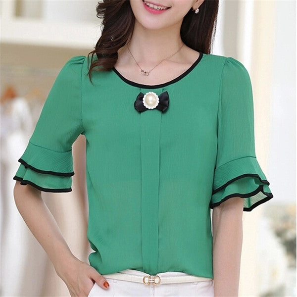 2015 Summer New Large Size Women Shirt Loose O-neck Half Sleeve Chiffon Blouse Top Female Temperament Flare Sleeve Tops 31123