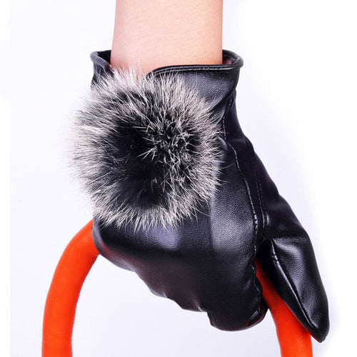 2015 Trustworthy Warm Autumn Winter Gloves Women Lady Black Leather Gloves Rabbit Fur Mittens Guantes Luva