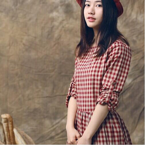 2015 Vintage Spring Women Plaid Vestidos Mori Girl Style Long Sleeve Mid-Calf Cotton Linen Dresses 70008