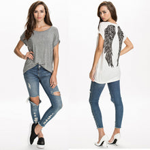 2016 100% High Quanlity New Women Casual Blouse Fashion Back Wings Print Short Sleeve Blouse Loose Tops Shirts