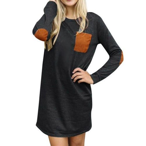 2016 Autumn Casual Dresses For Women Loose O NecK Long Sleeve Pocket Patchwork Straight Tunic Mini Dress Vestidos