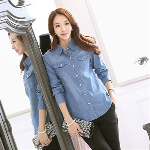 2016 Autumn New Shirt Fashion Casual Female Long Sleeve Turn-down Collar Women Shirt Denim Blouse With Button 71709