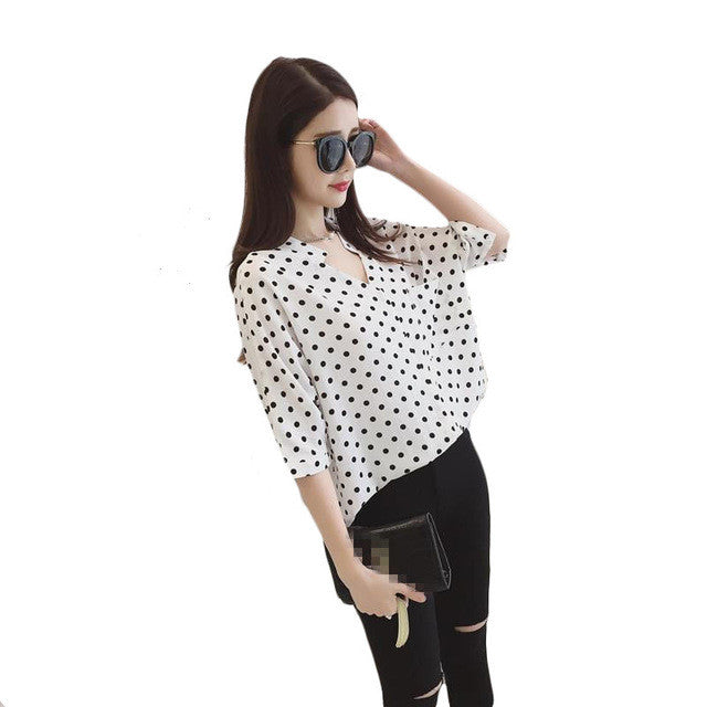 2016 Brand New Fashion Blusas Femininas 3/4 Sleeve Stand Hot Sale Pocket Tops With Button Shirt Polka Dot Stripped Blouse 71044