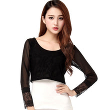 2016 Brand New Full Sleeve T-shirts Plus Size Female Chiffon Print Lace T shirts Crop Top O-neck Women t shirt 71119