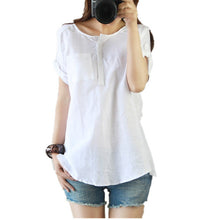 2016 Brand New Linen Cotton Shirt Casual Women Plus Size Tops Short Sleeve O-neck Blouse With Button Shirts 70447