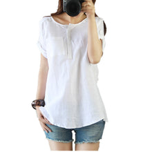 2016 Brand New Linen Cotton Shirt Casual Women Plus Size Tops Short Sleeve O-neck Blouse With Button Shirts 70447
