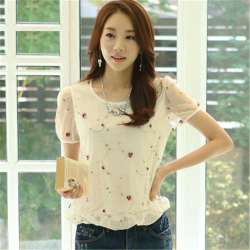 2016 Brand New Short Sleeve T-shirts Plus Size Female Chiffon Print T shirts Top O-neck Women Mesh t shirt 71118