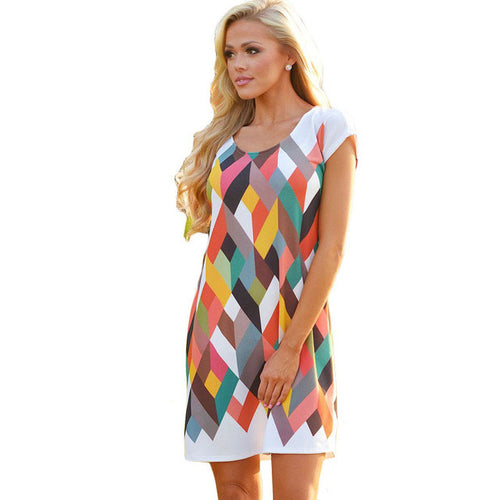 2016 Brand New Vestidos Plus Size Straight Knee-Length Dress Brief Short Short Sleeve Print O-neck Women Dresses 70923