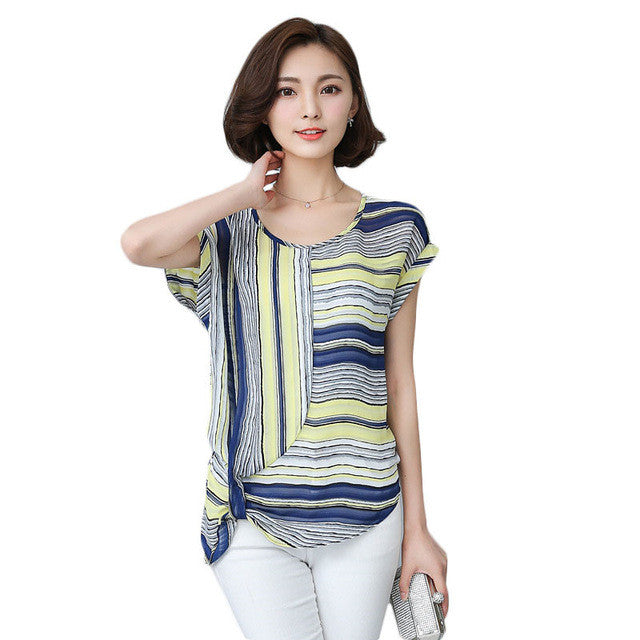 2016 Brand New Women T shirts Stripped T-shirt Women O-neck Top Short Sleeve Chiffon S-2XL Female tops 71097