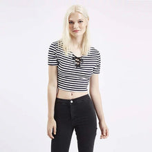 2016 Casual Women European Style T shirts O-neck Cotton Tshirt Female Stripped Short Sleeve Female Lacing Crop Tops 70716