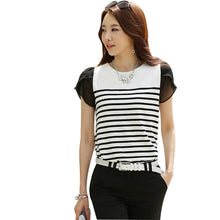 2016 Casual Women T shirts O-neck Chiffon Tshirt Female Short Sleeve Female O-neck Stripped Patchwork Tops 70779