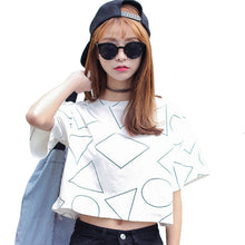 2016 Casual Women T shirts O-neck Cotton Tshirt Female Short Sleeve Plus Size Geometric CropTops 70796