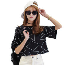 2016 Casual Women T shirts O-neck Cotton Tshirt Female Short Sleeve Plus Size Geometric CropTops 70796