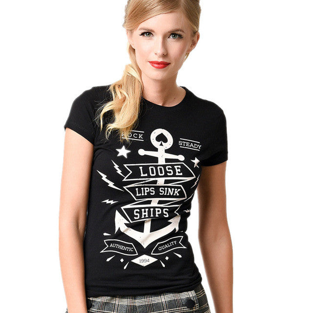 2016 Casual Women T shirts O-neck Tshirt Female Short Sleeve Plus Size Anchor Letter Print Tops 70814