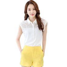 2016 Casual Women White T shirts Turn-down Chiffon Tshirt Female Short Sleeve Female Hollow Out With Button Tops 70780