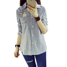 2016 Cat Embroidery Plus Size Shirt Casual Long Sleeve Blouses Stripped Blusas Fashion Turn-down Collar Femininas Tops 70826