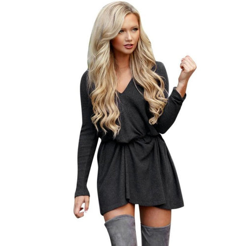 2016 European Style Casual Loose Women Mini Dress Fashion V Neck Long Sleeve Female Dress Autumn Winter Mini Dress Ladies #1124
