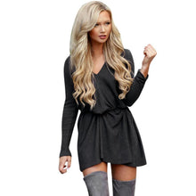 2016 European Style Casual Loose Women Mini Dress Fashion V Neck Long Sleeve Female Dress Autumn Winter Mini Dress Ladies #1124