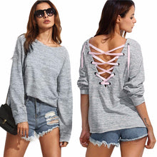 2016 European Style Women T shirts 2016 Fashion T-Shirt Solid Backless Bandage Autumn Long Sleeve Tshirt Sexy Grey Harajuku