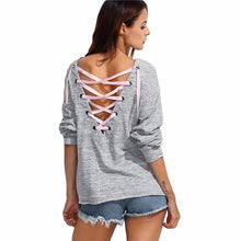 2016 European Style Women T shirts 2016 Fashion T-Shirt Solid Backless Bandage Autumn Long Sleeve Tshirt Sexy Grey Harajuku