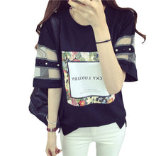 2016 Fashion Mesh Women clothing T shirts Letter Printed Floral Print T-shirt Women LaceTop Short Sleeve Female tops 70608