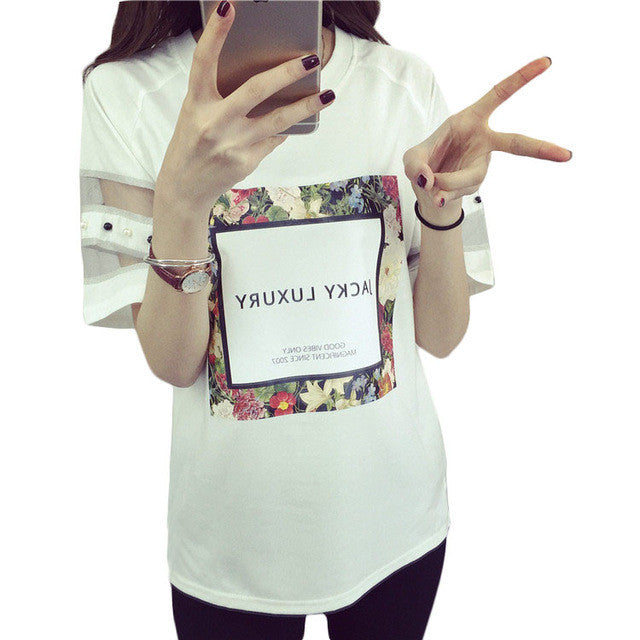 2016 Fashion Mesh Women clothing T shirts Letter Printed Floral Print T-shirt Women LaceTop Short Sleeve Female tops 70608