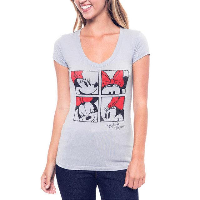 2016 Fashion Short Sleeve T-shirts Plus Size Female T shirts Carton Print Top V-neck Women t shirt 71674