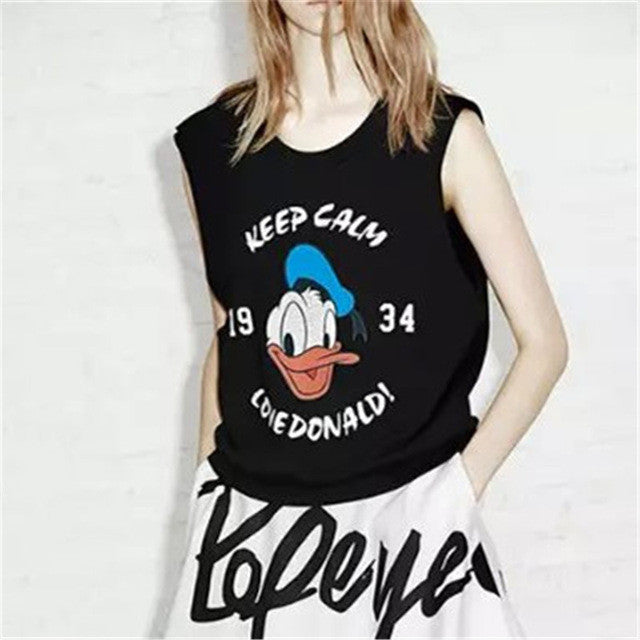 2016 Fashion Short Sleeveless Duck Animal Print T-shirts Plus Size Female T shirts Letter Print Top O-neck Women t shirt 71300