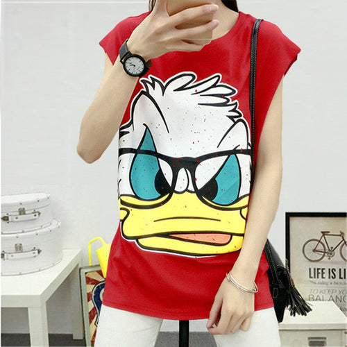 2016 Fashion Sleeveless T-shirts Plus Size Female T shirts Carton Duck Print Top O-neck Women t shirt 71571