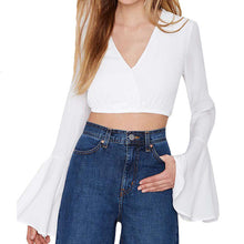 2016 Fashion Style Full Flare Sleeve T-shirts Plus Size Female T shirts Chiffon Sexy Crop Top Deep V-neck Women t shirt 71121