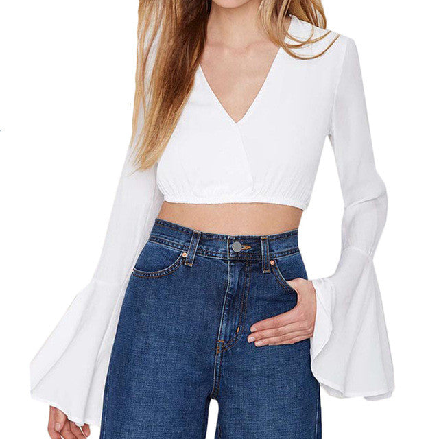 2016 Fashion Style Full Flare Sleeve T-shirts Plus Size Female T shirts Chiffon Sexy Crop Top Deep V-neck Women t shirt 71121